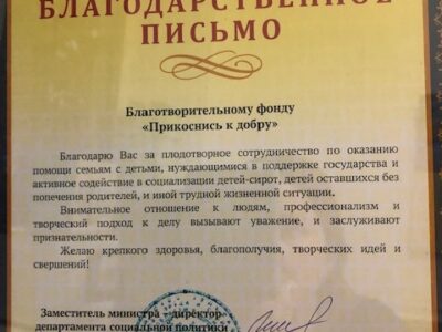 Благодарность от министерства образования Тульской области